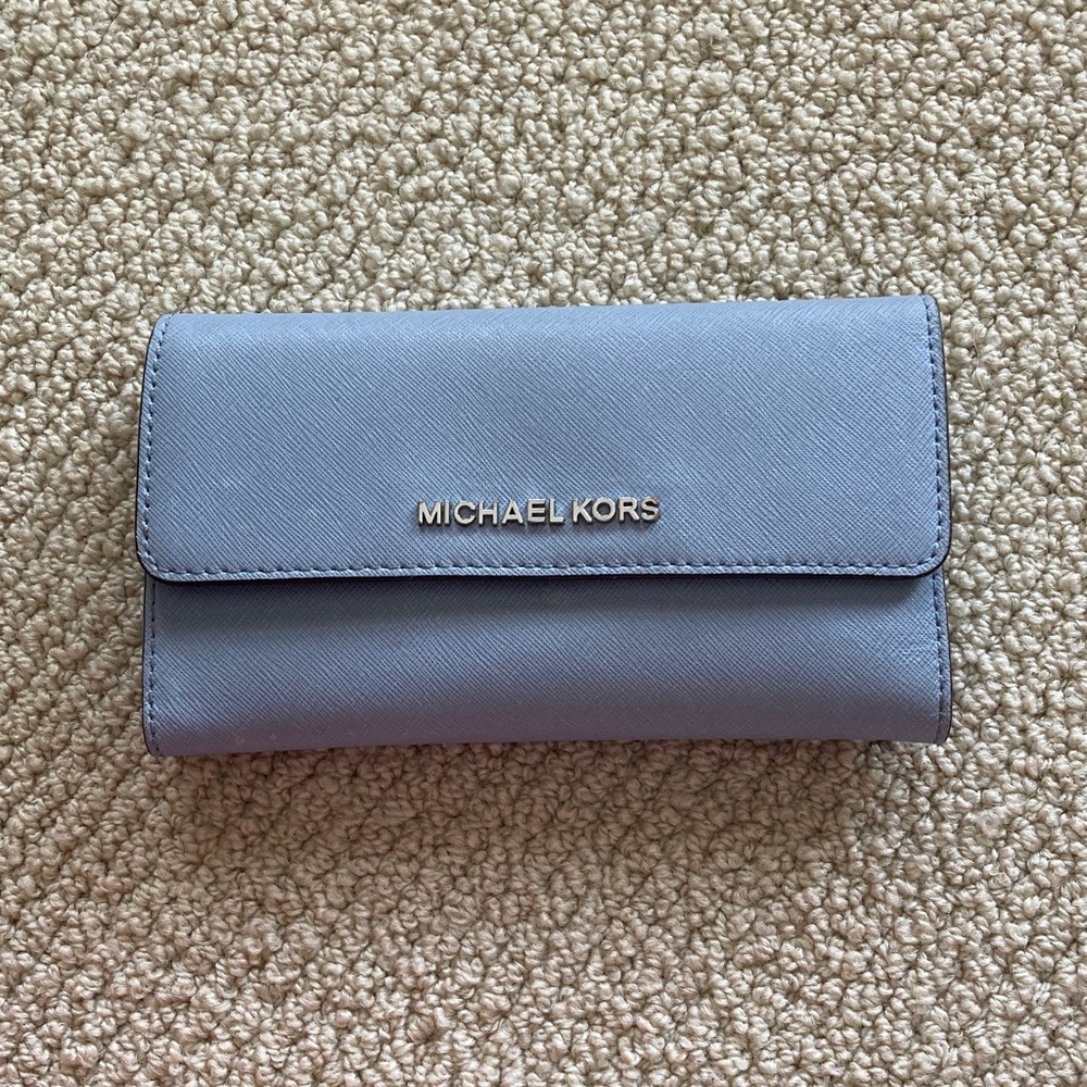 Michael Kors Trifold Saffiano Leather Wallet Blue Teal Continental Snap EUC